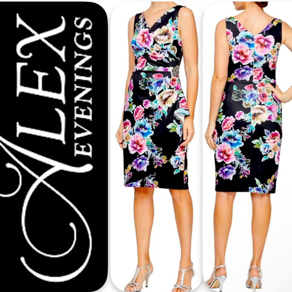 ALEX EVENINGS Women's Short Crepe Dress w/ Side Ruched Waist Black Floral Sz 18